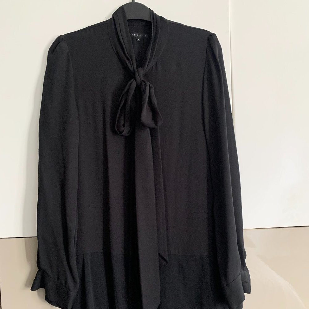 THEORY BLACK SILK SHIRT DRESS W/ BOW SCARF COLLAR